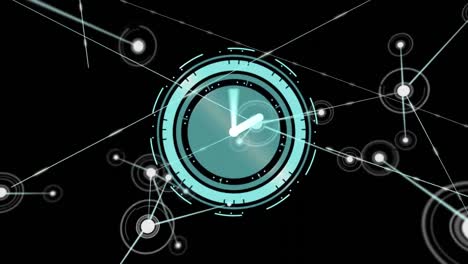 animación de la red de conexiones y reloj moviéndose sobre fondo negro