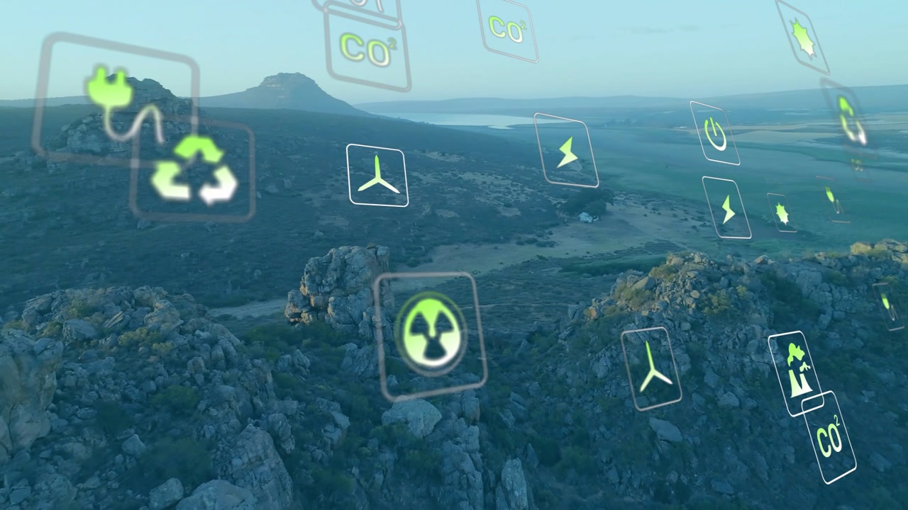Neon icons appearing upper-left drifting over rocky ridge as camera shifting forward showing energy