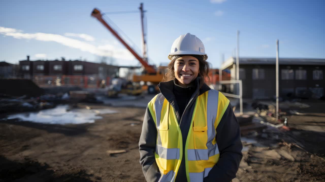 A video still of a construction worker smiling at the camera. Shot from a low angle, it captures