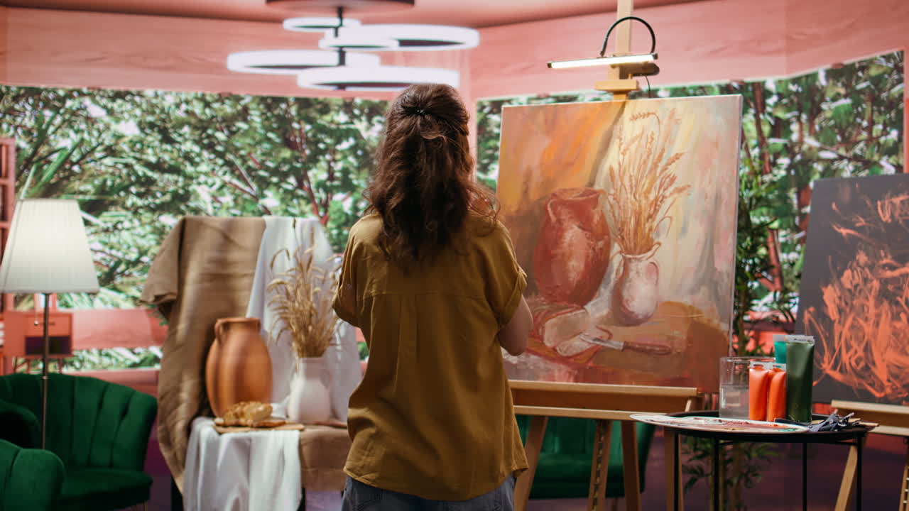 Artist painting a still life in a studio