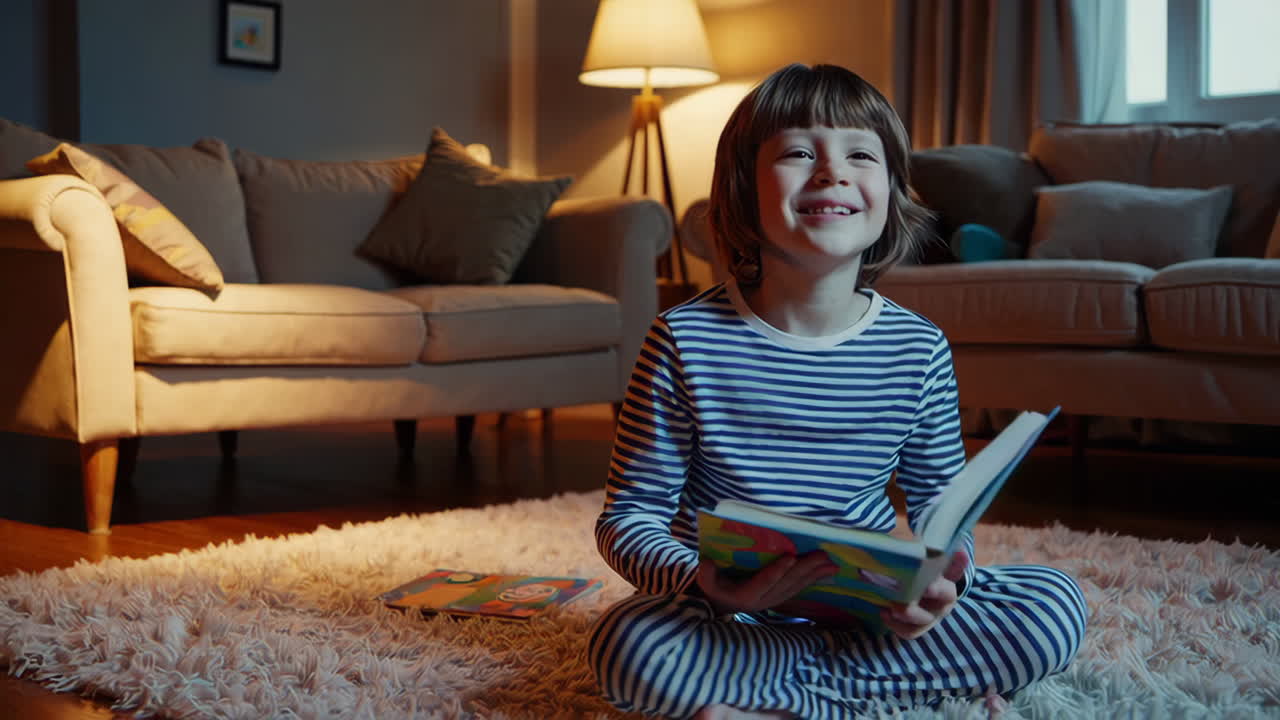 Child Reading a Book in a Cozy Living Room