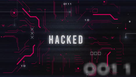 Animation of data processing with hacked text and computer circuit board on black background