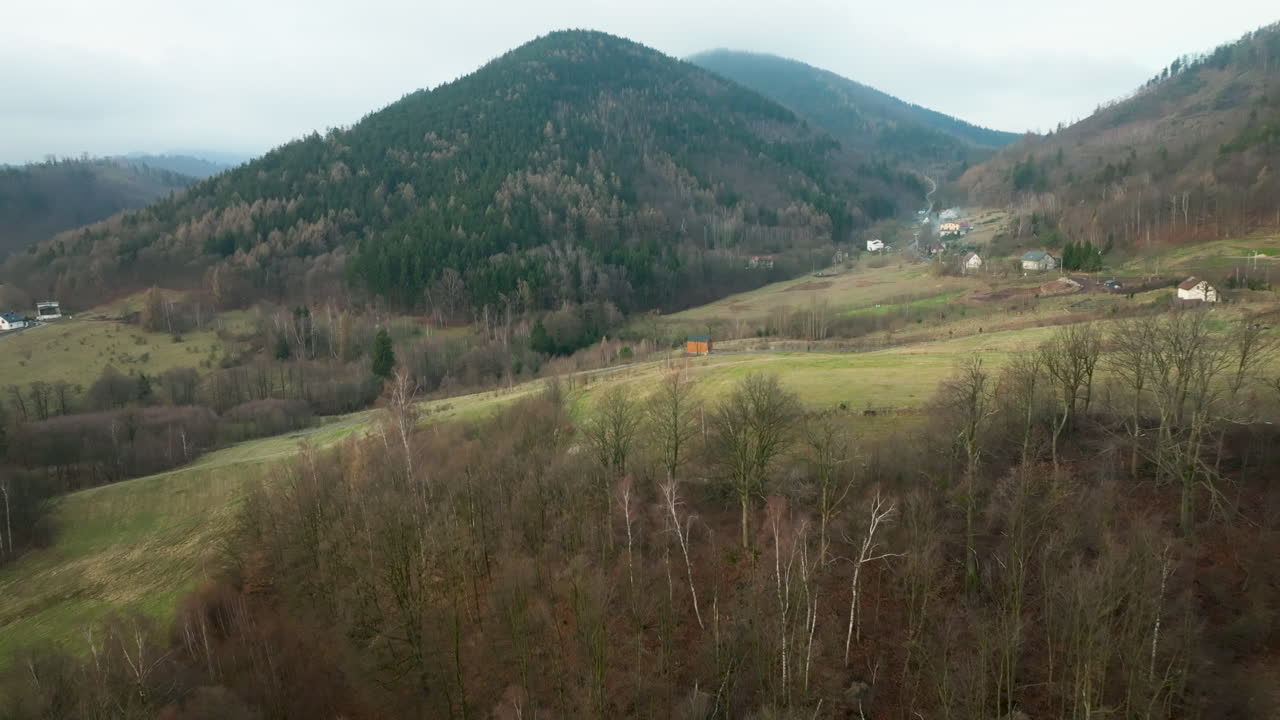 Woiwodschaft Niederschlesien in Polen mit grünen Bergen und grünen Bäumen an einem bewölkten Tag