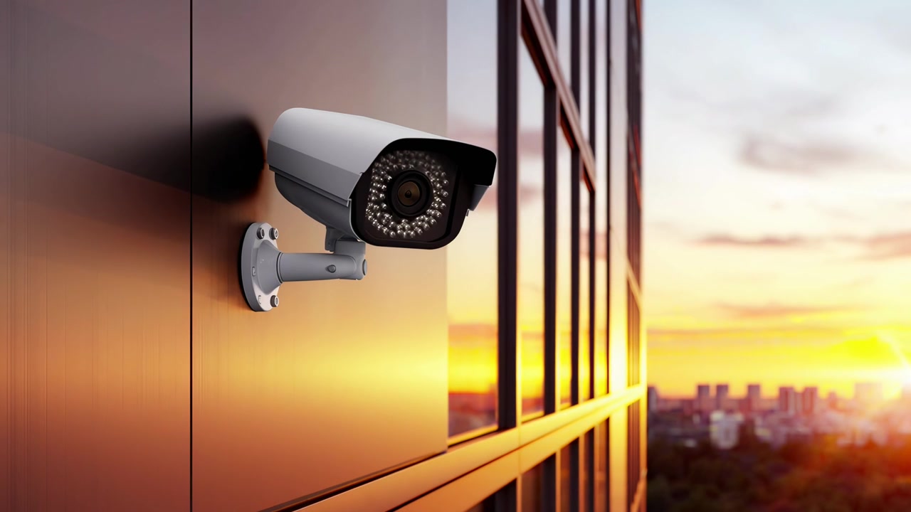 Security Camera on Modern Building with City Skyline at Sunset