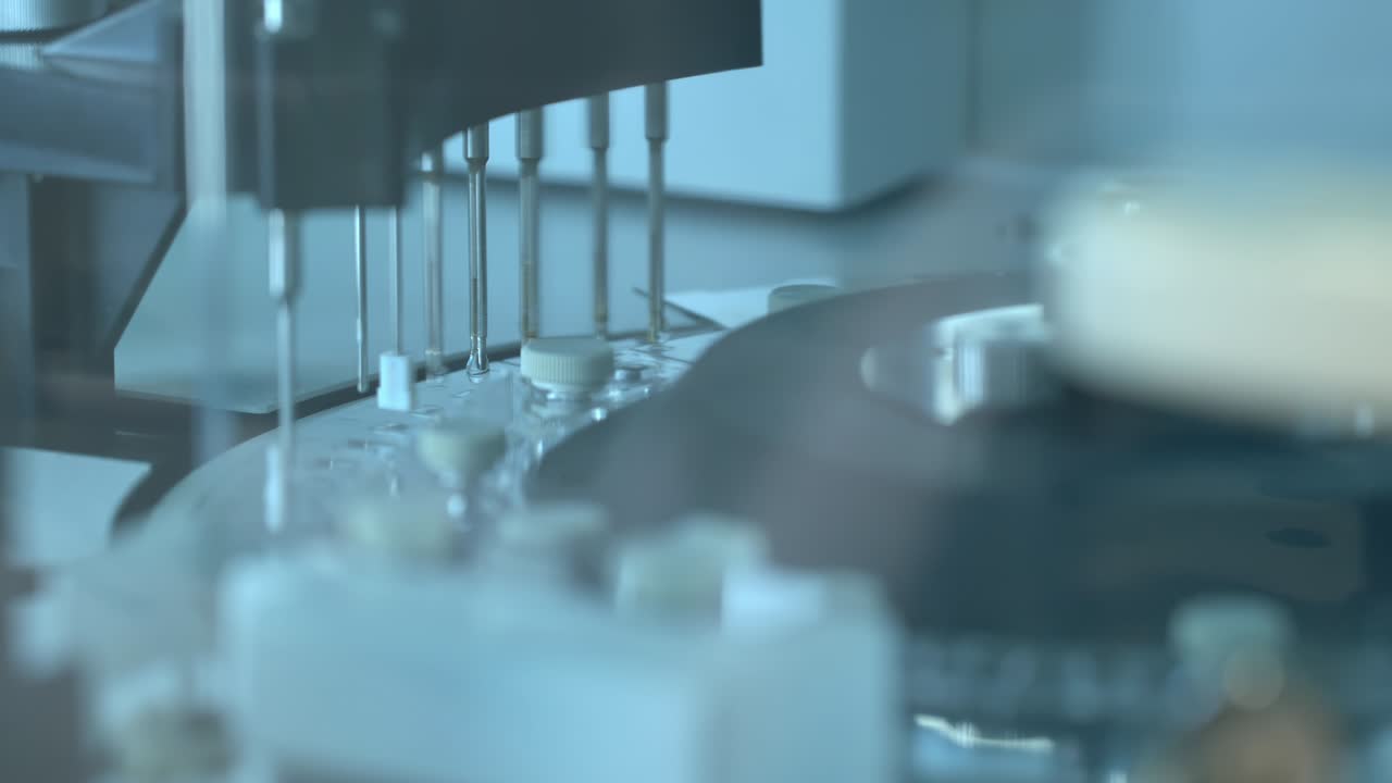 Laboratory equipment in modern lab. Centrifuge analyzer rotating and testing bio material in tubes. Medical examine technology device. Health care concept