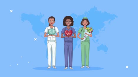 tres enfermeras y personajes de mapas de la tierra