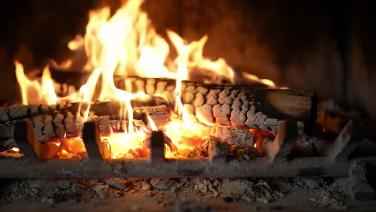 Enjoy a warm evening in a rustic cabin as flames dance in the fireplace. The crackling fire provides a cozy atmosphere perfect for relaxation and tranquility.