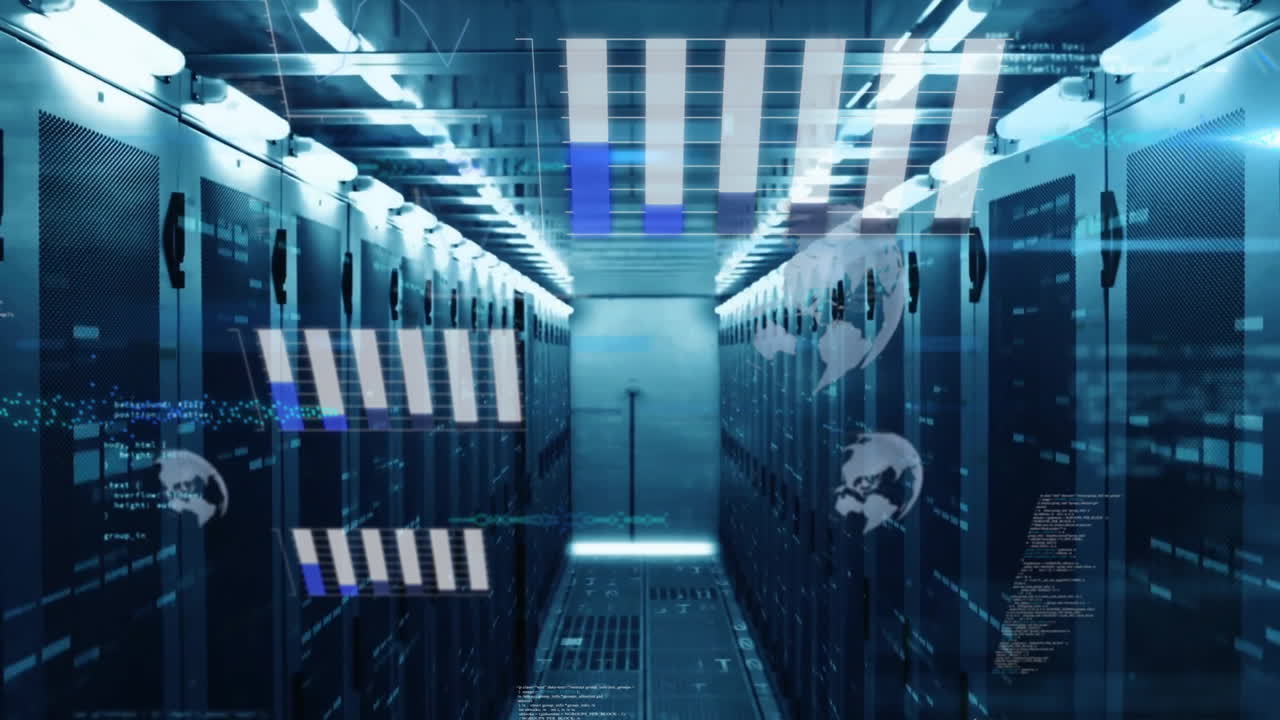 Data processing animation over futuristic server room with digital graphics