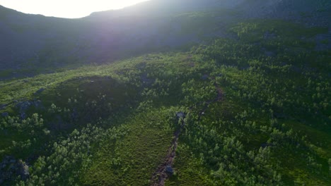 Aerial-forwarding-reveal-shot-from-the-trail-to-Hesten-with-the-peak-in-bright-sunlight-during-summer