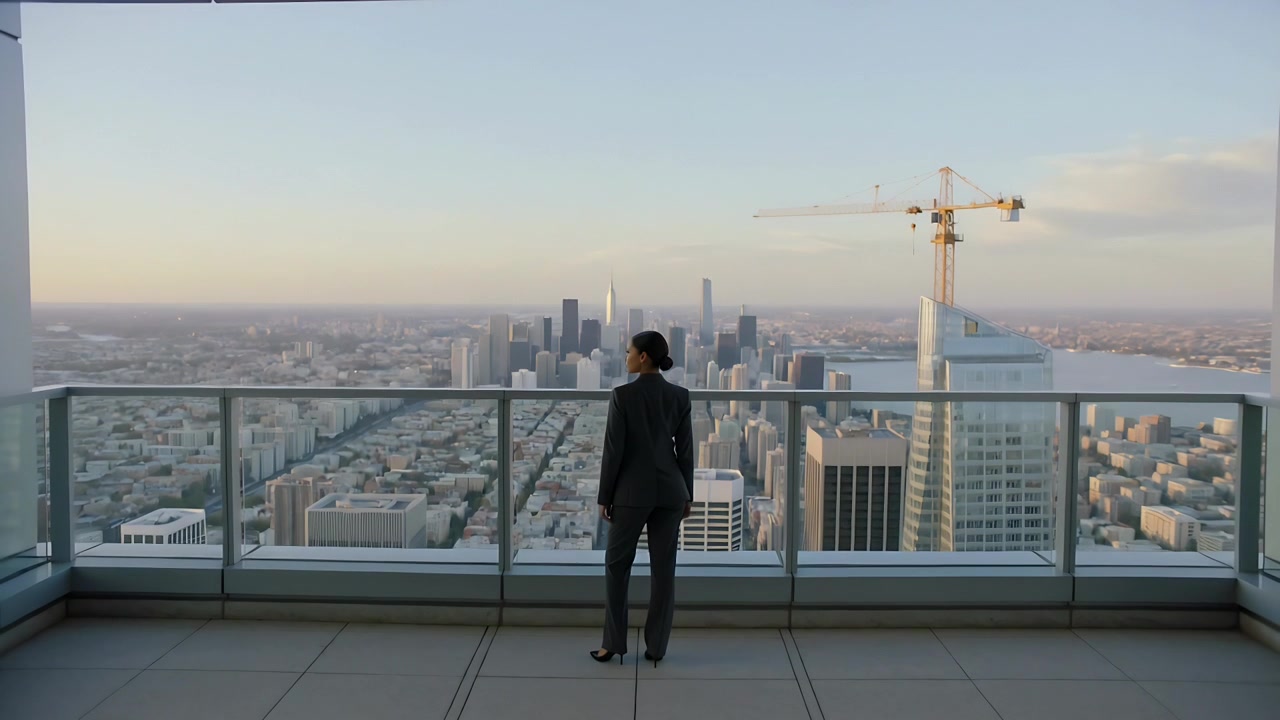 Donna in piedi in tailleur che si muove e ammira lo skyline su una terrazza con ringhiera in vetro, mentre il sole splende.