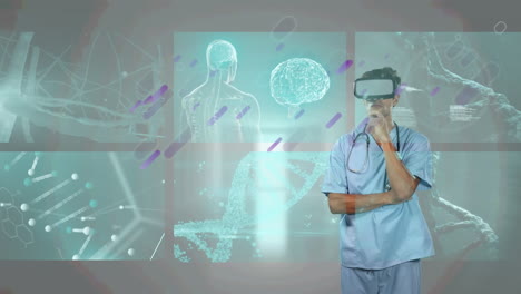 purple light trails and screens with medical data processing against male doctor wearing vr headset