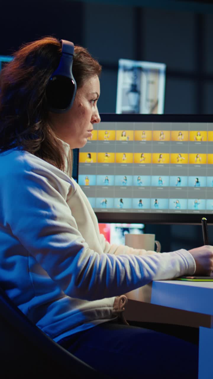 Vertical video Freelancer wearing audio headset, using graphic tablet to edit images