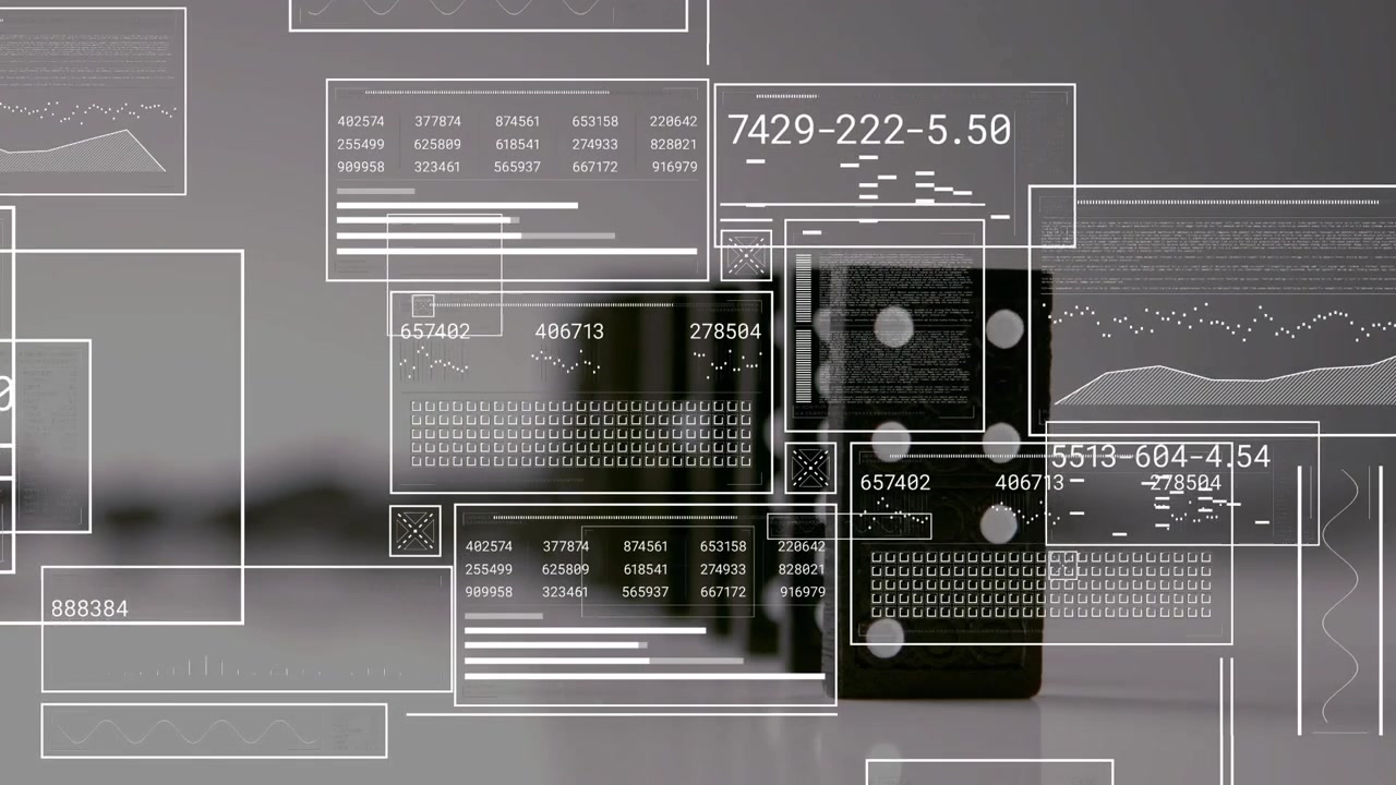 Data overlays appearing, updating and clearing while camera pulling back visualizing domino row