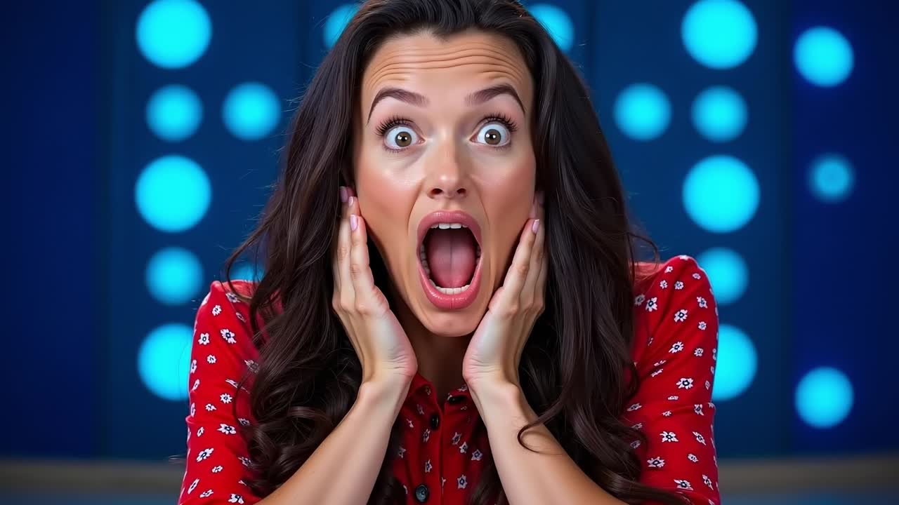 A woman with a surprised look on her face with her hands on her cheeks