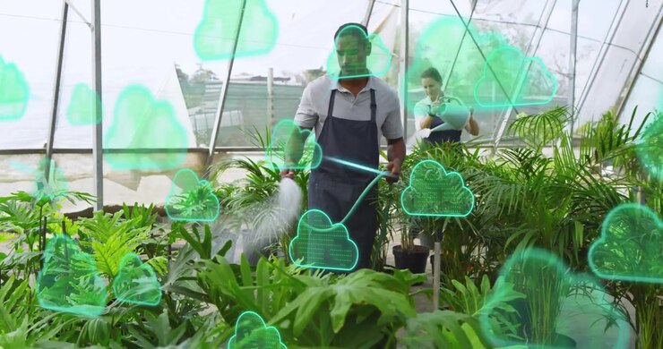 Coworkers watering plants in greenhouse, causing cloud icons appearing around pots for data overlay