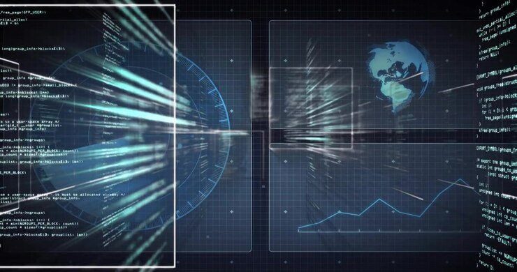 Grid opening urging panel dial revealing globe, code streaming highlighting data for visualization