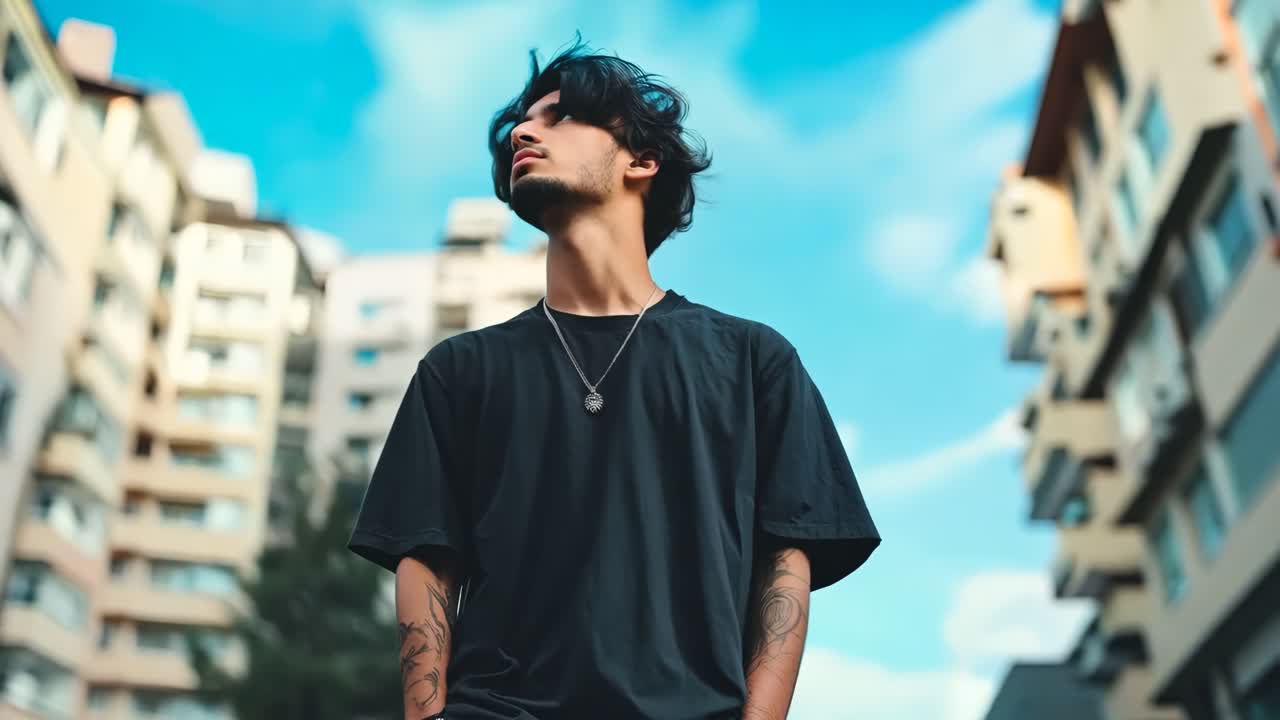 도시 거리 한가운데에 서있는 남자