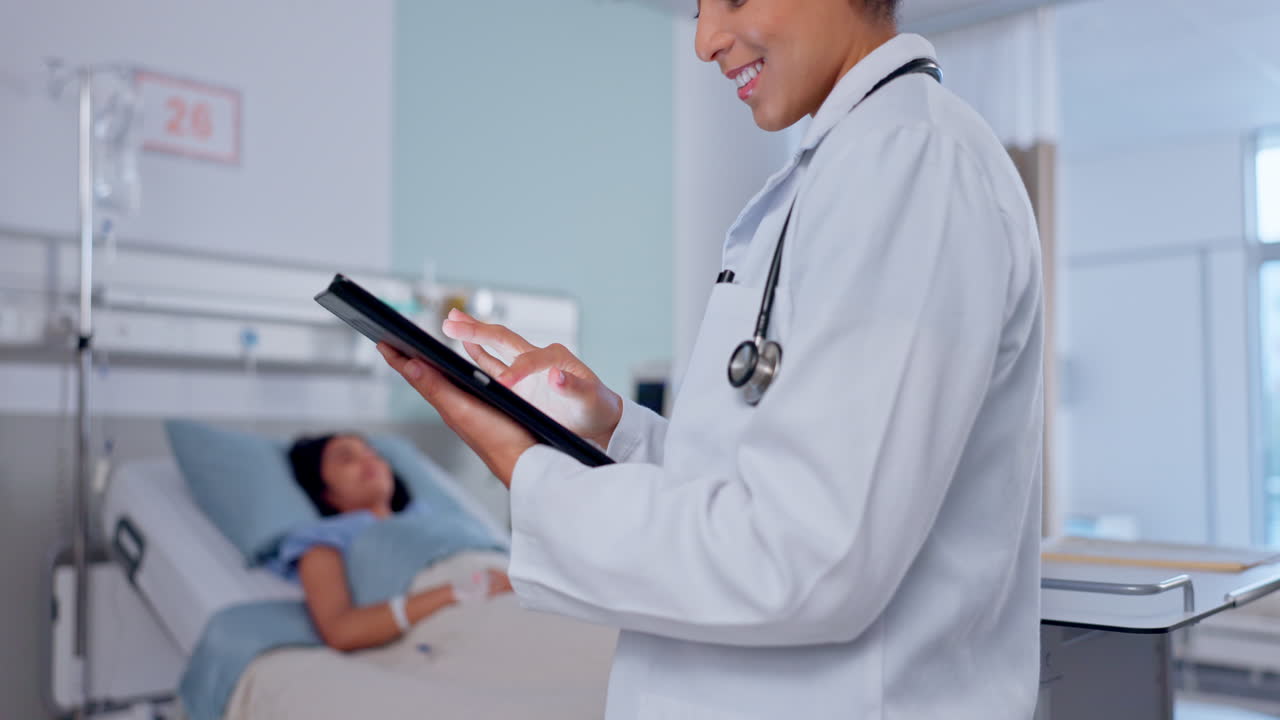 Happy woman, doctor and hands with tablet