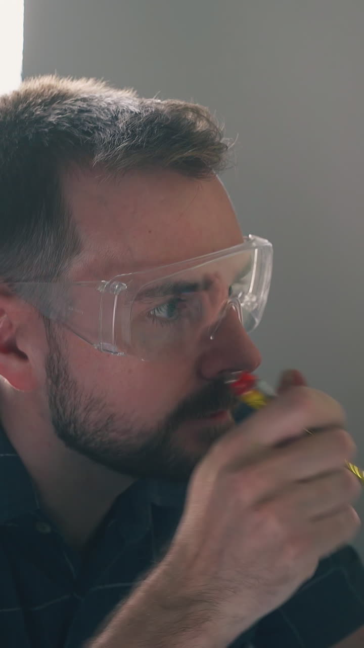 CU, Dolly cam: angry bearded man in protective glasses and blue shirt repairs plug on wall with screwdriver in empty room