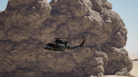 a helicopter flying over a mountain with a rock formation in the background