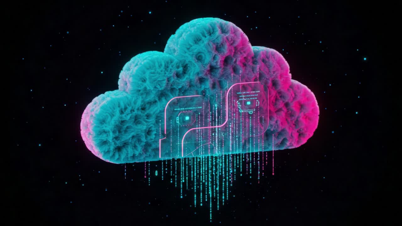 A Stunning Visual Representation of Cloud Technology: Emphasizing the Futuristic and Digital Nature of Data Storage in an Artistic Display of Vibrant Colors and Geometric Shapes