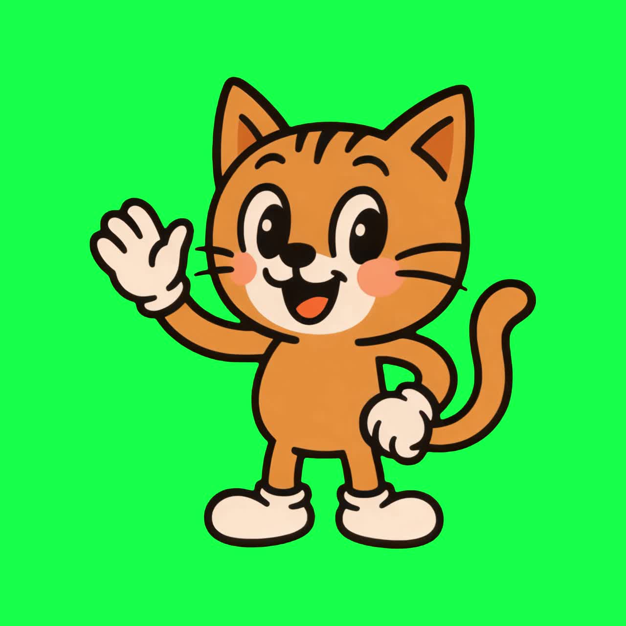 Cheerful cartoon cat waving happily animation, transparent 4K video, green screen