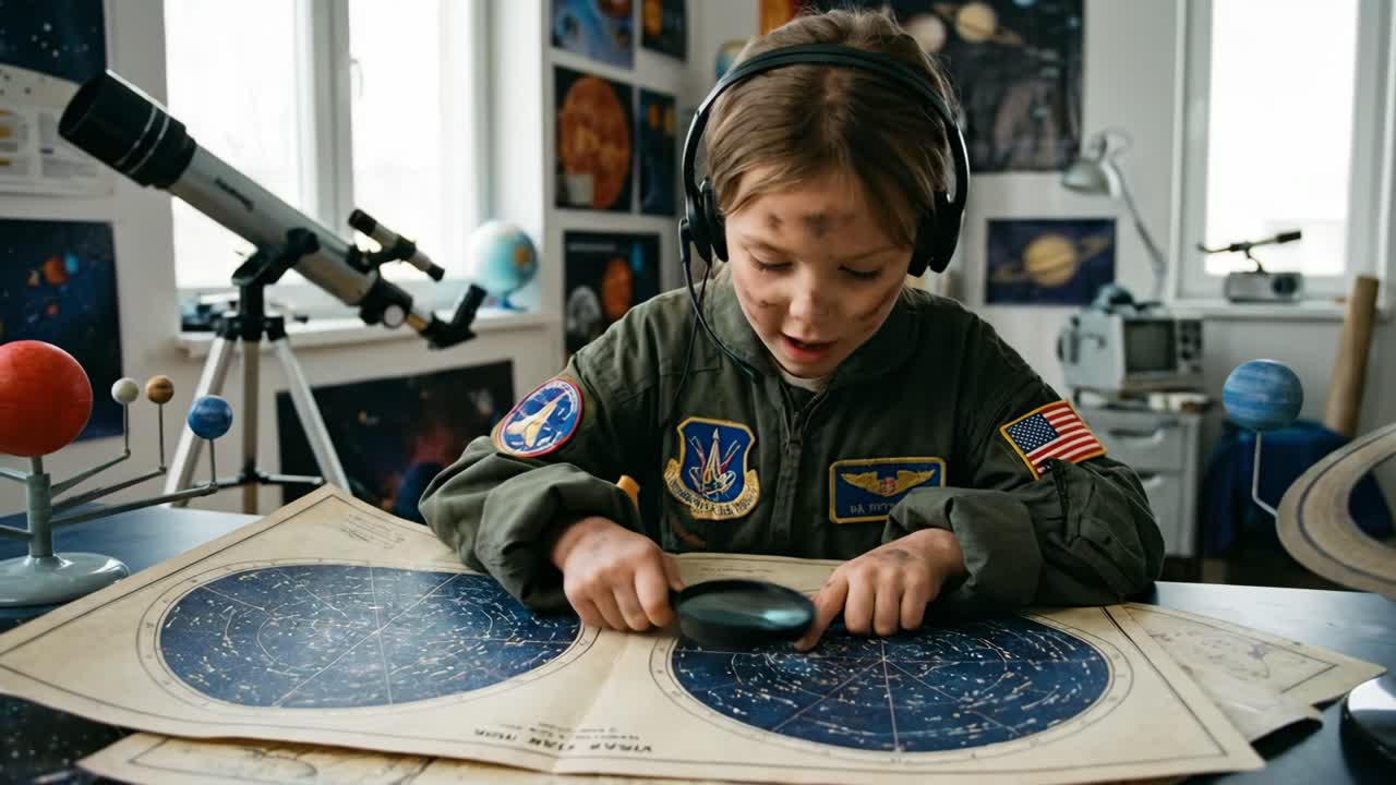 Ung flicka i astronautdräkt som studerar stjärnkarta med förstoringsglas