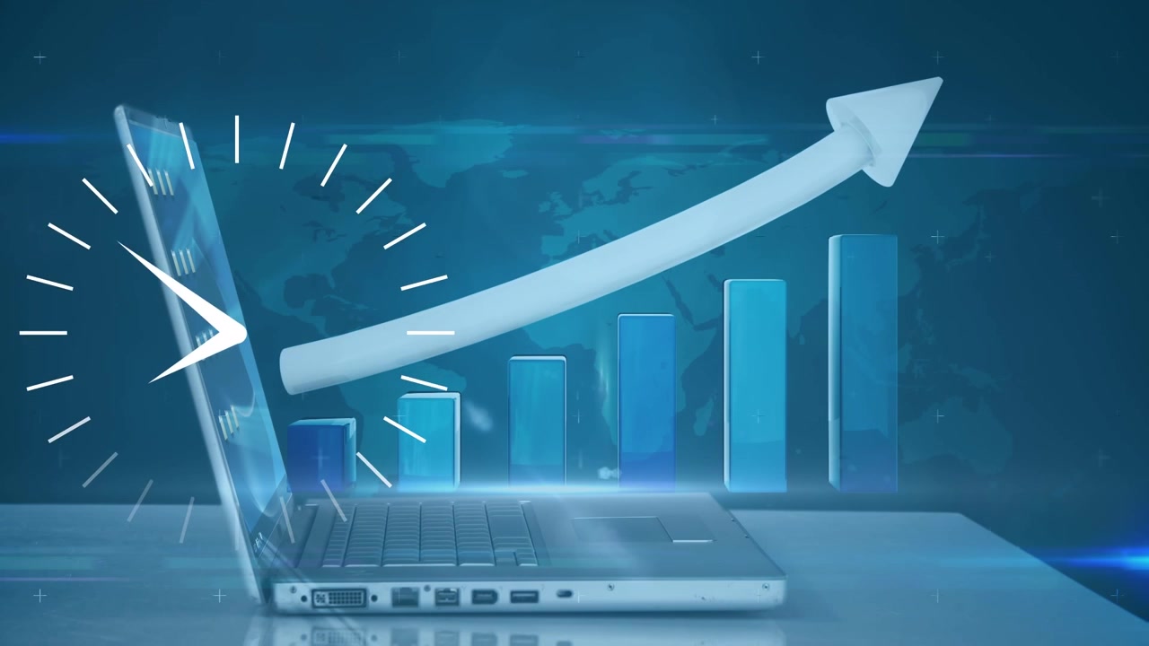 Animation of moving clock and data processing over caucasian businessman using laptop and world map