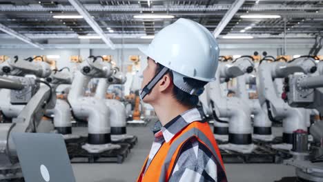 Engineer Working with Robots in a Factory