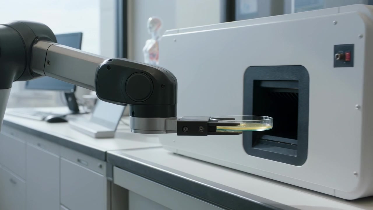 Upon command, robotic arm transporting petri dish with yellow media on benchtop into port for assay