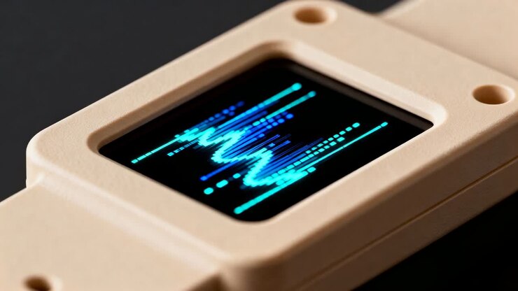 Animazione di uno smartwatch beige che mostra una forma d'onda ciano mentre la camera si sposta in studio a scopo promozionale, cinturino