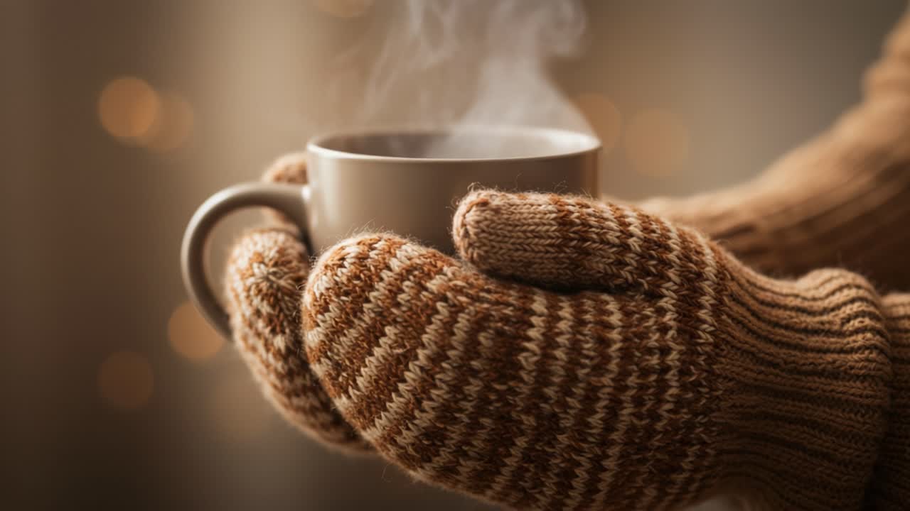 Hands in knitted mittens holding a steaming mug