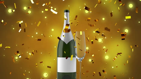 animation of confetti falling over glass and bottle of champagne on yellow background