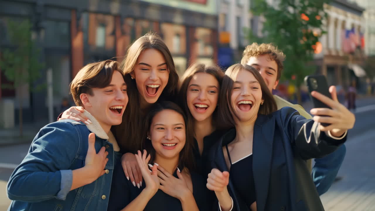 Teenagers taking a group selfie on a city street