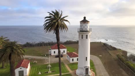 Aerial-view,-Point-Vicente-Lighthouse,-over-ocean,-Rancho-Palos-Verdes,-California