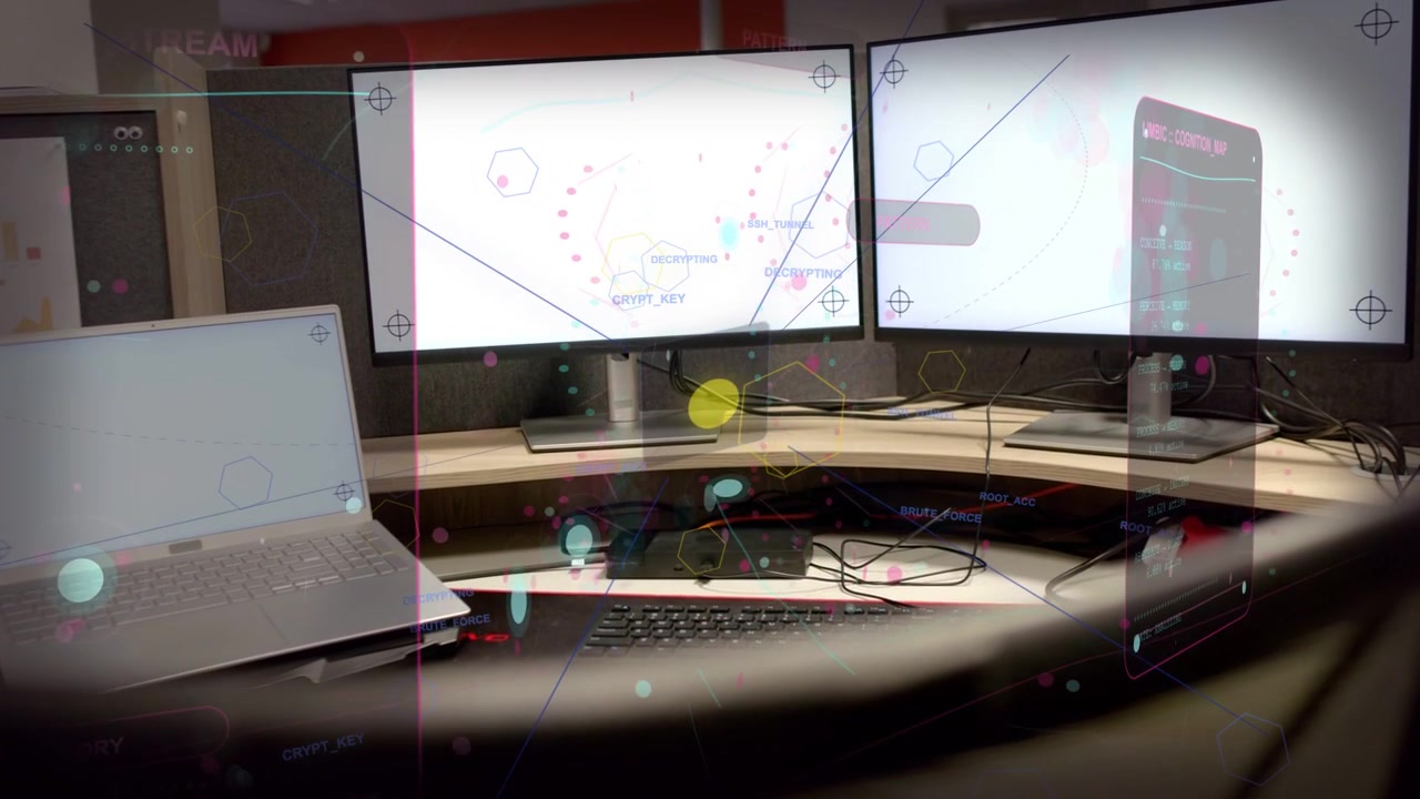 Curved band shifting, revealing desk while HUD hexagons drifting and screens showing crypt keys