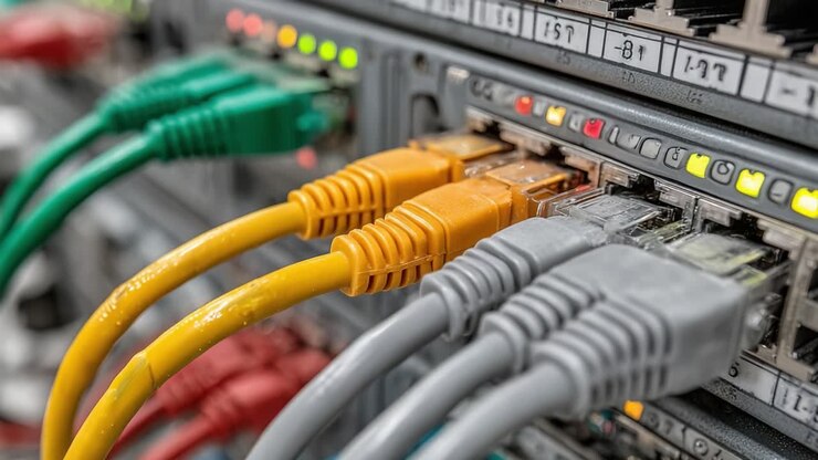 Close-Up View of Network Cables Connected to a Switch Panel, Highlighting the Importance of Data Transmission in Modern Networking Infrastructure