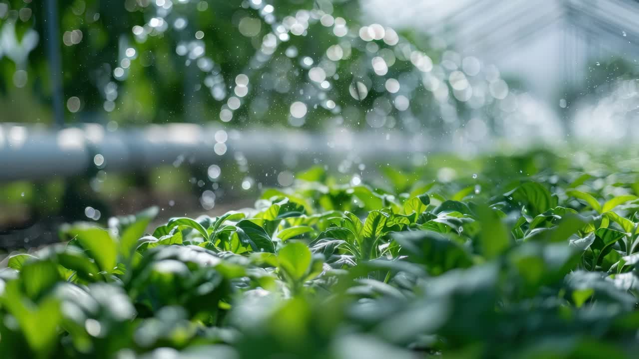 Close-up video of lush green plants in a greenhouse, captured from a low angle, showcasing vibrant