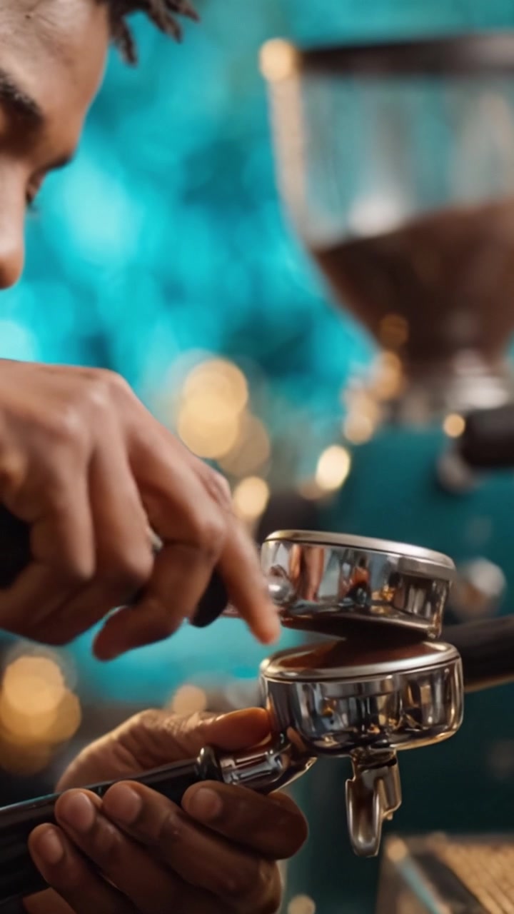 Barista che prepara con maestria un espresso con caffè appena macinato in un vivace ambiente da caffetteria, catturando l'arte della preparazione del caffè e l'interazione personale