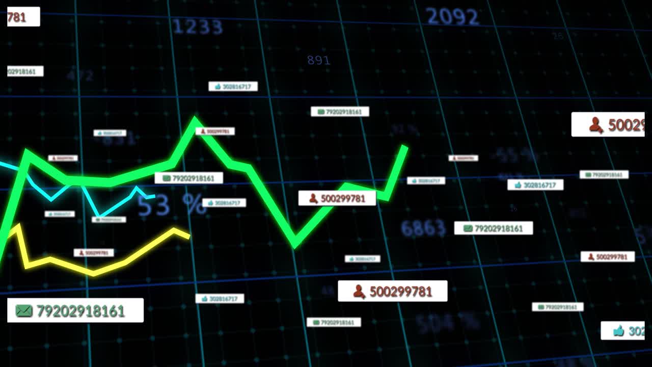 Dunkles Raster-Overlay erscheint, farbige Liniendiagramme steigen und schwanken, während Beschriftungen Datentrends zeigen.