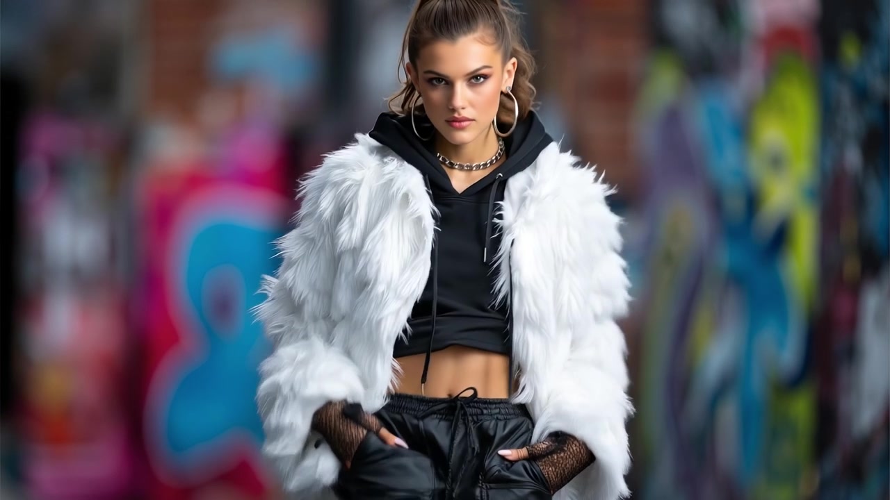 Confident young woman in a white faux fur jacket posing against graffiti background