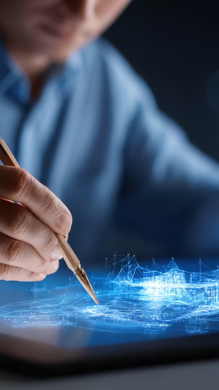 A Focused Individual Engages in Creative Digital Illustration Using a Stylus on a Modern Tablet Displaying Intricate Graphic Designs and Data Visualizations