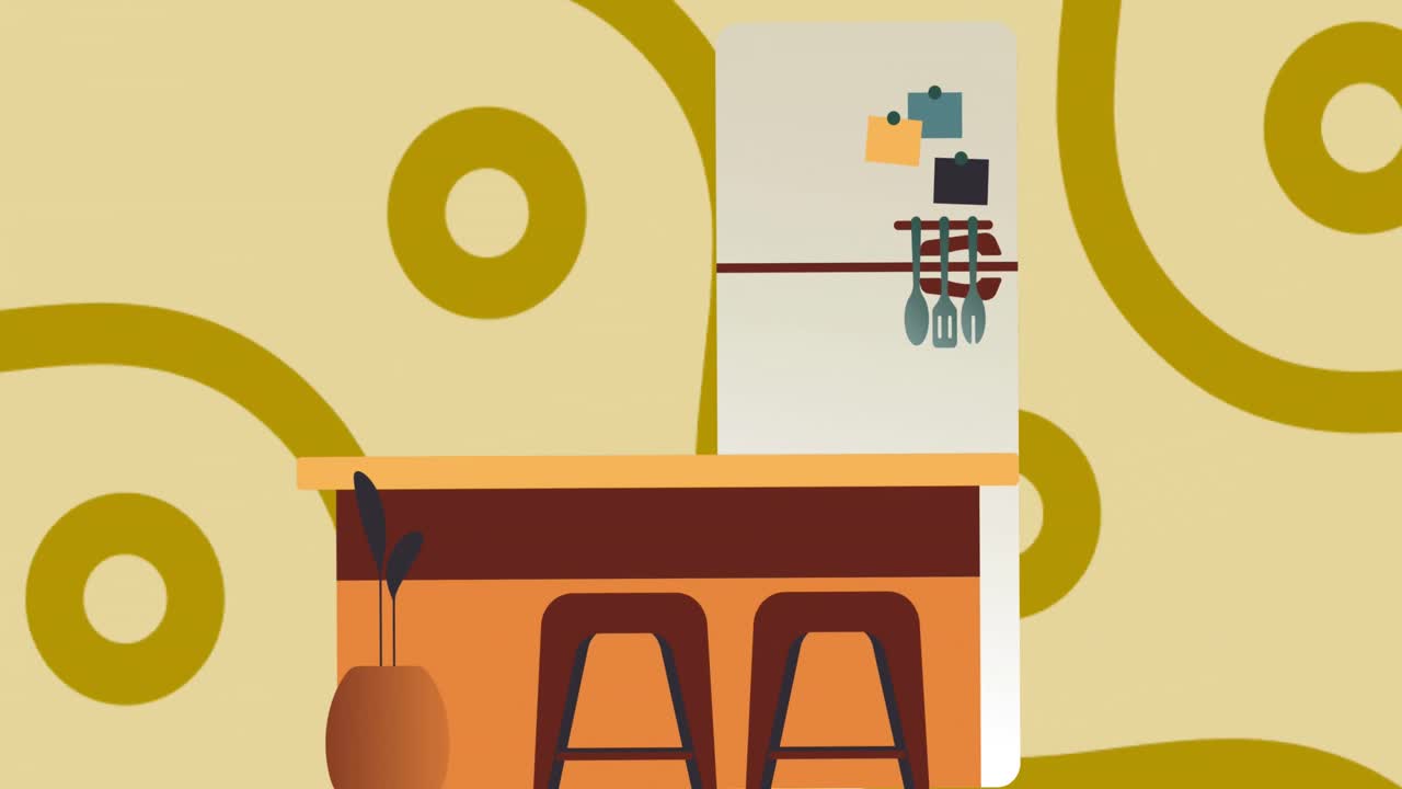 Animation of illustration of kitchen with utensils and stools at counter