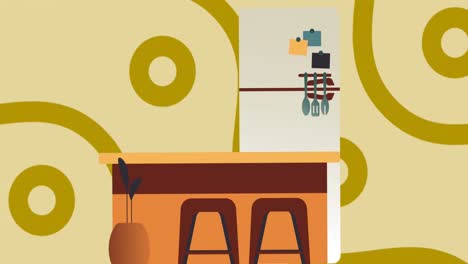 animación de la ilustración de la cocina con utensilios y taburetes en el mostrador