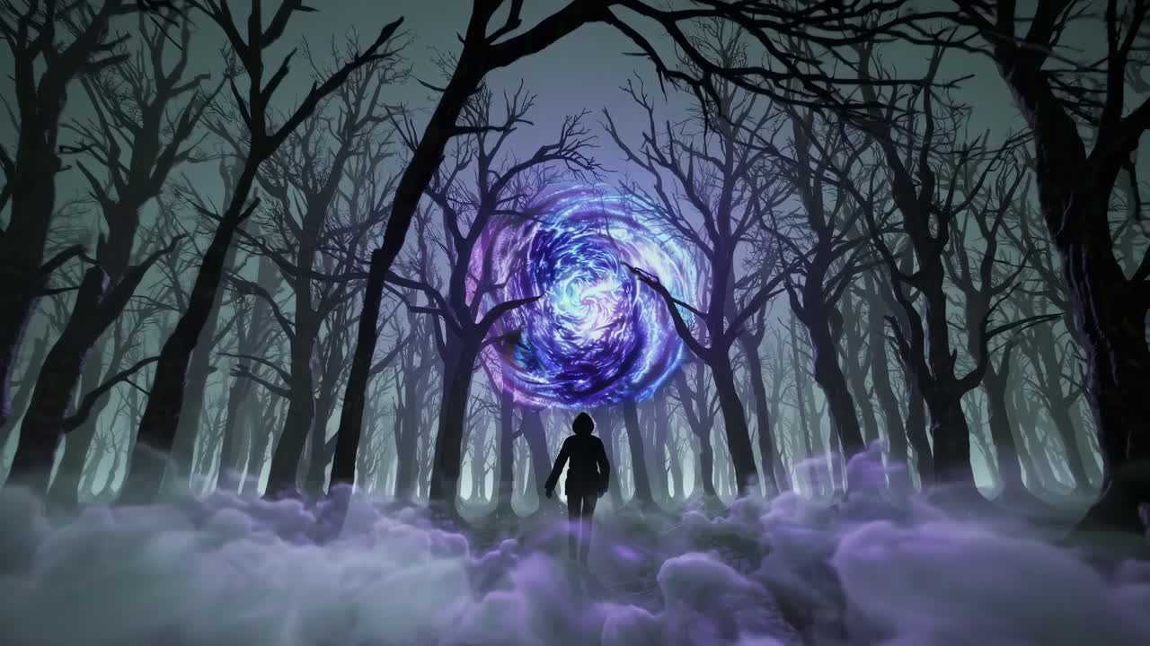 A mysterious video scene shows a silhouette walking towards a swirling portal in a foggy forest