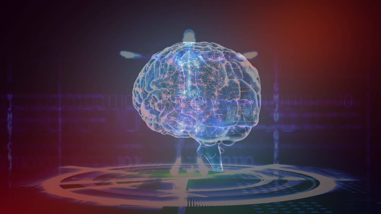 Animation of brain rotating over human body model in black and red space