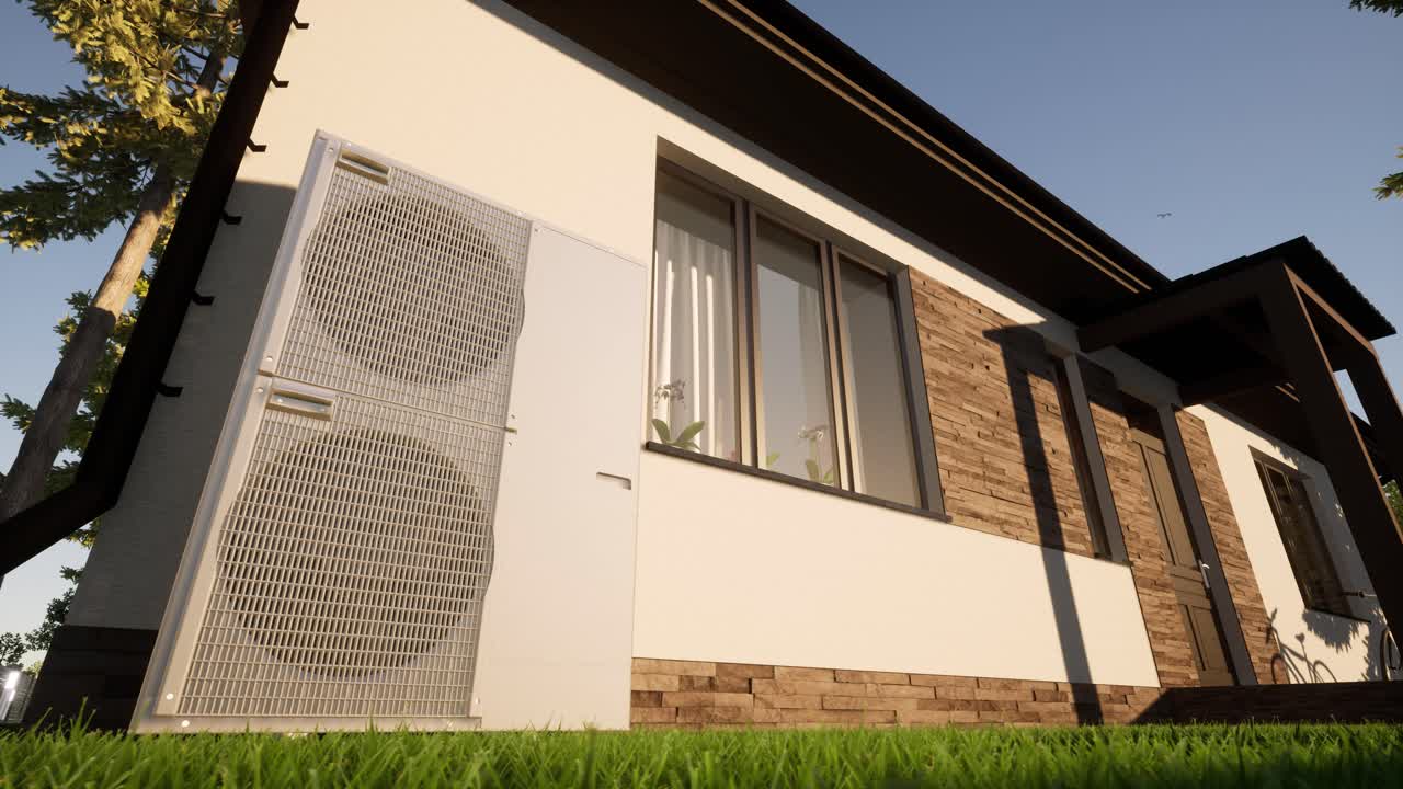 técnico de hvac instala sistemas de calefacción, ventilación y aire acondicionado. animación en 3d de la bomba de calor