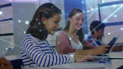 glowing network of connections against two diverse girls using electronic devices at school