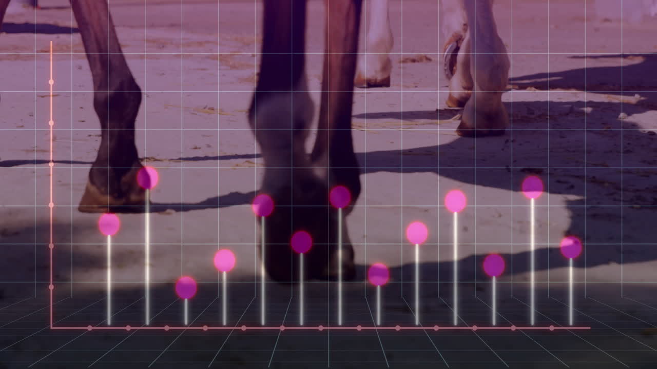 Horse hooves being animated on sandy surface, with 3D data gridlines and glowing pink spheres