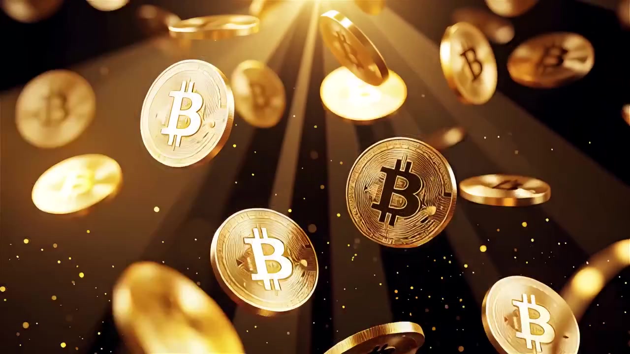Bitcoin in rotazione su sfondo nero drammatico 4k